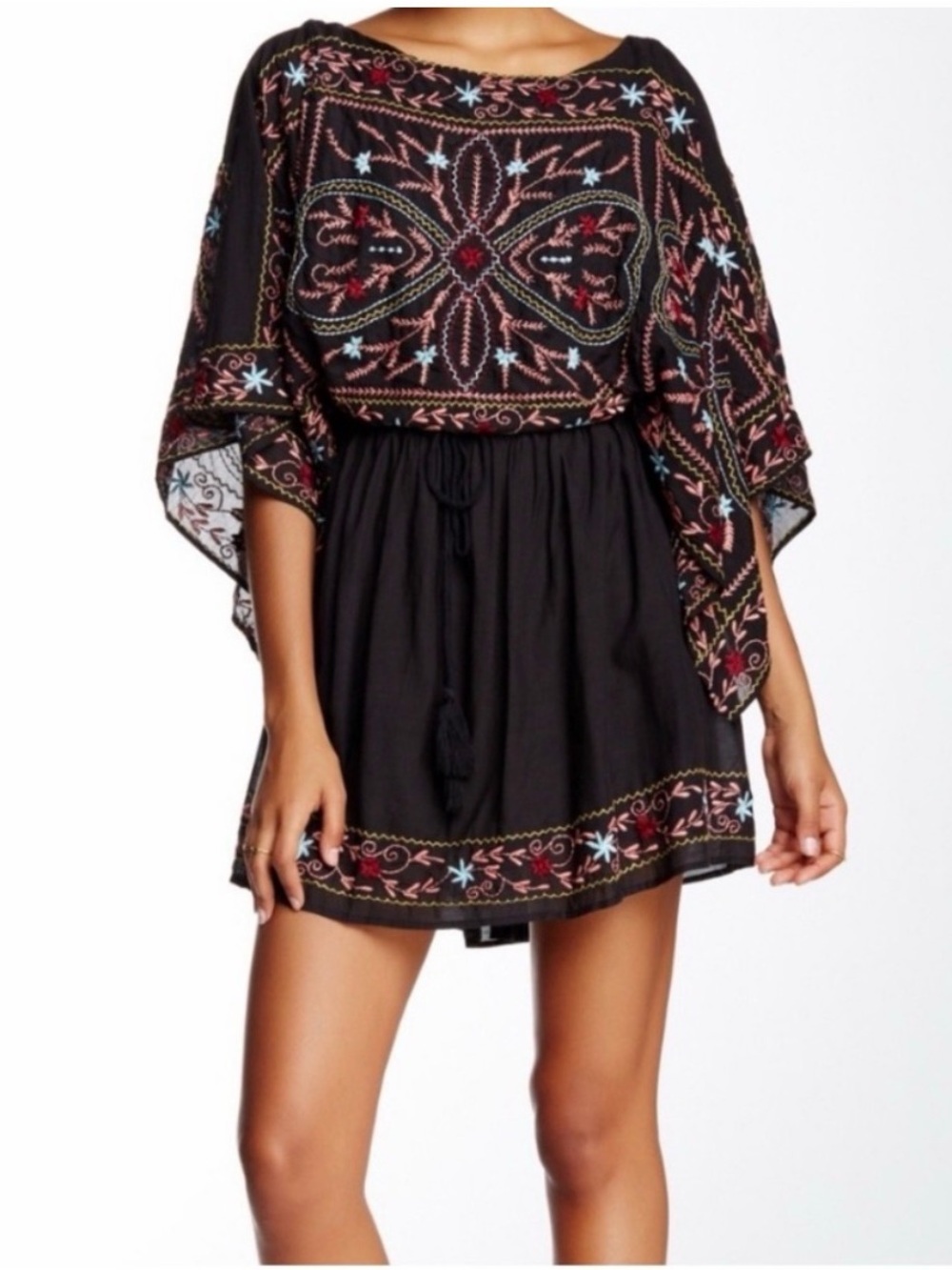 Free People Embroidered Black Boho Mini Dress